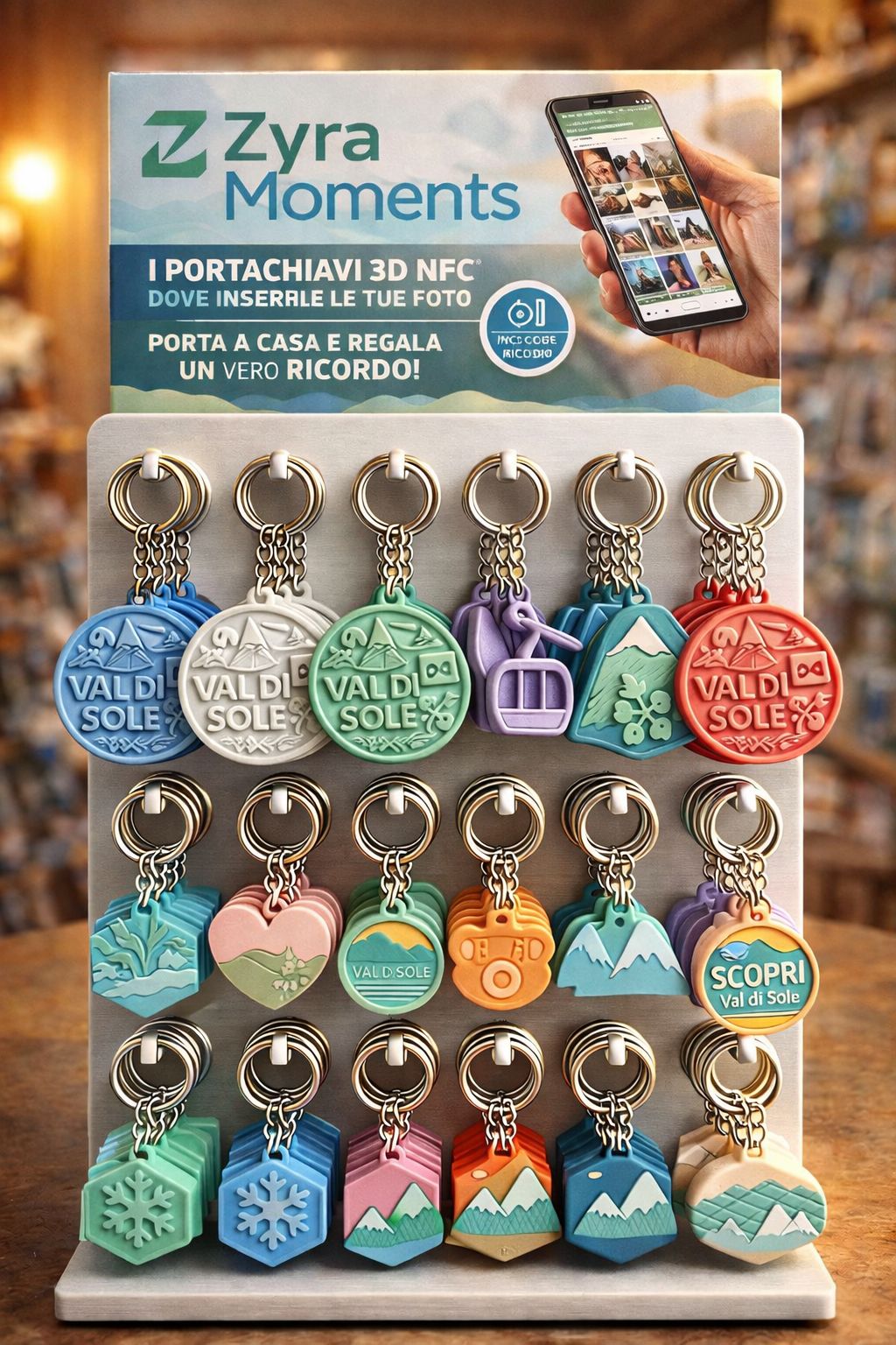 Espositore da banco con portachiavi NFC souvenir in un negozio turistico